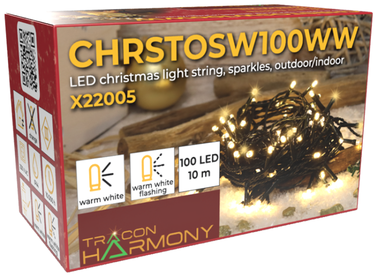 Lampki choinkowe, zewnętrzne/wewnętrzne (X25031) 230VAC, 2+5M, 200LED, 3,6W, 2600-2700K, IP44 CHRSTHOSW200WW Tracon Electric