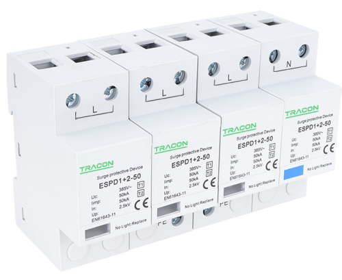 Ogranicznik przepięć T1+T2, AC, jednolita obudowa Uc:385V; Iimp:50kA; In:50kA; Imax:160kA; Up:2,5kV; 4P ESPD1+2-50-4P Tracon Electric