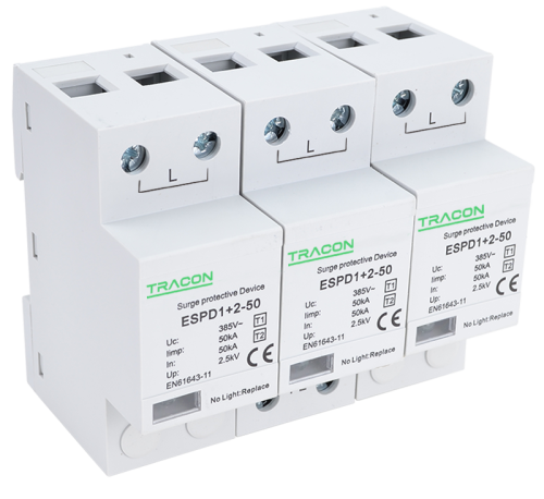 Ogranicznik przepięć T1+T2, AC, jednolita obudowa Uc:385V; Iimp:50kA; In:50kA; Imax:160kA; Up:2,5kV; 3P ESPD1+2-50-3P Tracon Electric