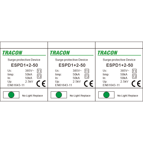 Ogranicznik przepięć T1+T2, AC, jednolita obudowa Uc:385V; Iimp:50kA; In:50kA; Imax:160kA; Up:2,5kV; 3P ESPD1+2-50-3P Tracon Electric