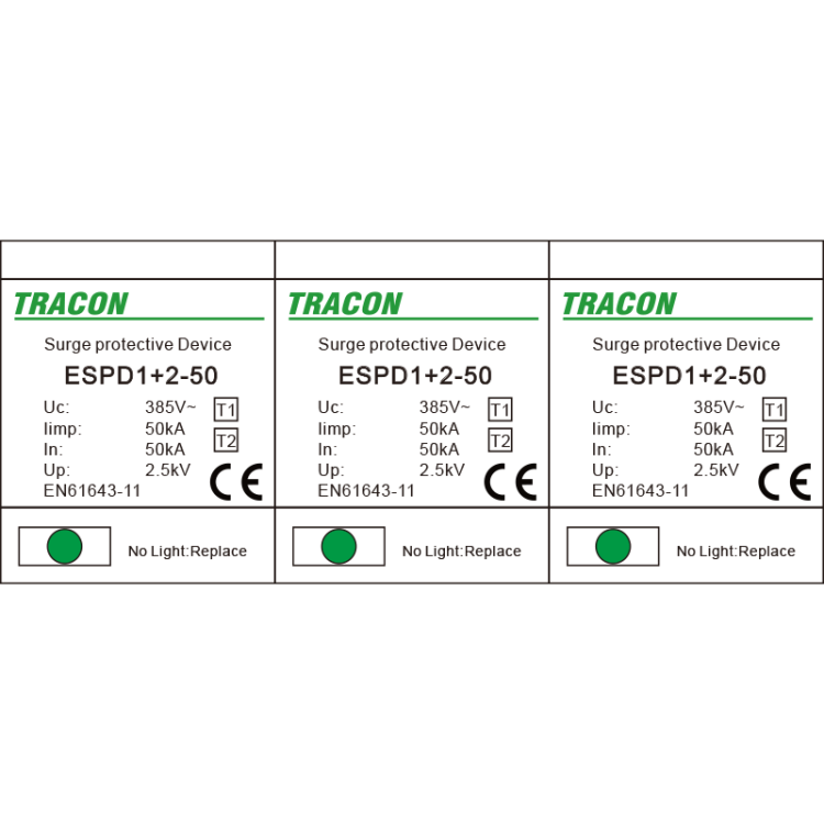 Ogranicznik przepięć T1+T2, AC, jednolita obudowa Uc:385V; Iimp:50kA; In:50kA; Imax:160kA; Up:2,5kV; 3P ESPD1+2-50-3P Tracon Electric