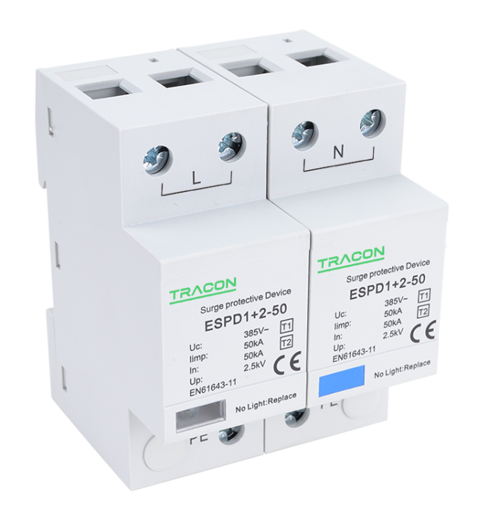 Ogranicznik przepięć T1+T2, AC, jednolita obudowa Uc:385V; Iimp:50kA; In:50kA; Imax:160kA; Up:2,5kV; 2P ESPD1+2-50-2P Tracon Electric