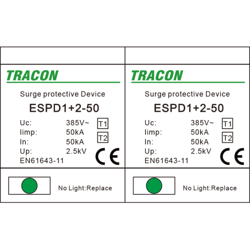 Ogranicznik przepięć T1+T2, AC, jednolita obudowa Uc:385V; Iimp:50kA; In:50kA; Imax:160kA; Up:2,5kV; 2P ESPD1+2-50-2P Tracon Electric