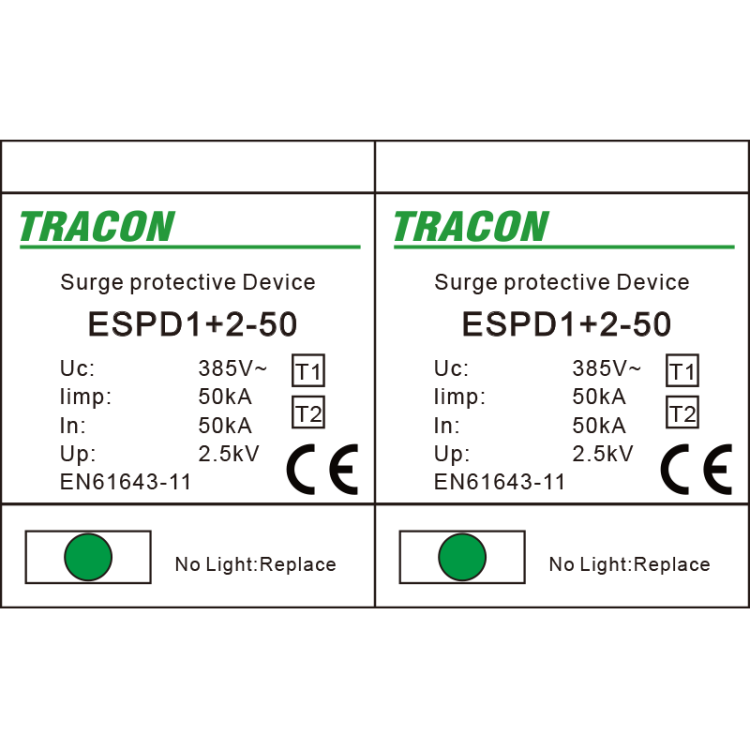 Ogranicznik przepięć T1+T2, AC, jednolita obudowa Uc:385V; Iimp:50kA; In:50kA; Imax:160kA; Up:2,5kV; 2P ESPD1+2-50-2P Tracon Electric