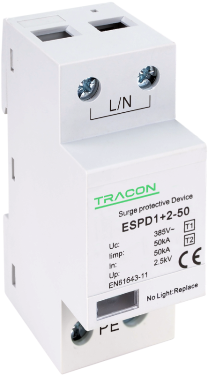Ogranicznik przepięć T1+T2, AC, jednolita obudowa Uc:385V; Iimp:50kA; In:50kA; Imax:160kA; Up:2,5kV; 1P ESPD1+2-50-1P Tracon Electric