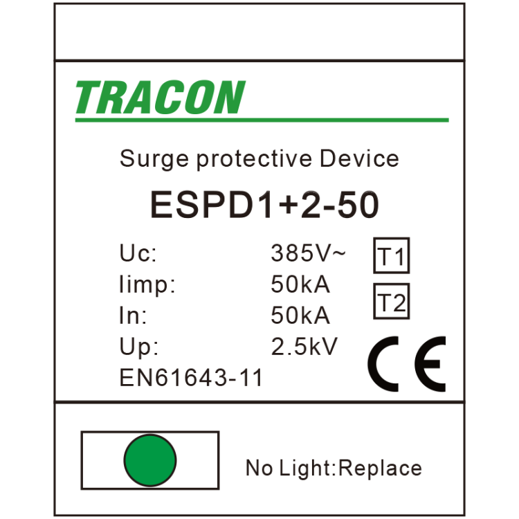 Ogranicznik przepięć T1+T2, AC, jednolita obudowa Uc:385V; Iimp:50kA; In:50kA; Imax:160kA; Up:2,5kV; 1P ESPD1+2-50-1P Tracon Electric