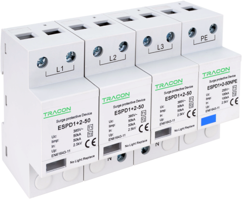 Ogranicznik przepięć T1+T2, AC, jednolita obudowa Uc:385V; Iimp:50/100kA; In:50/100kA; Up:2,5kV; 3+1P ESPD1+2-50-3+1P Tracon Electric