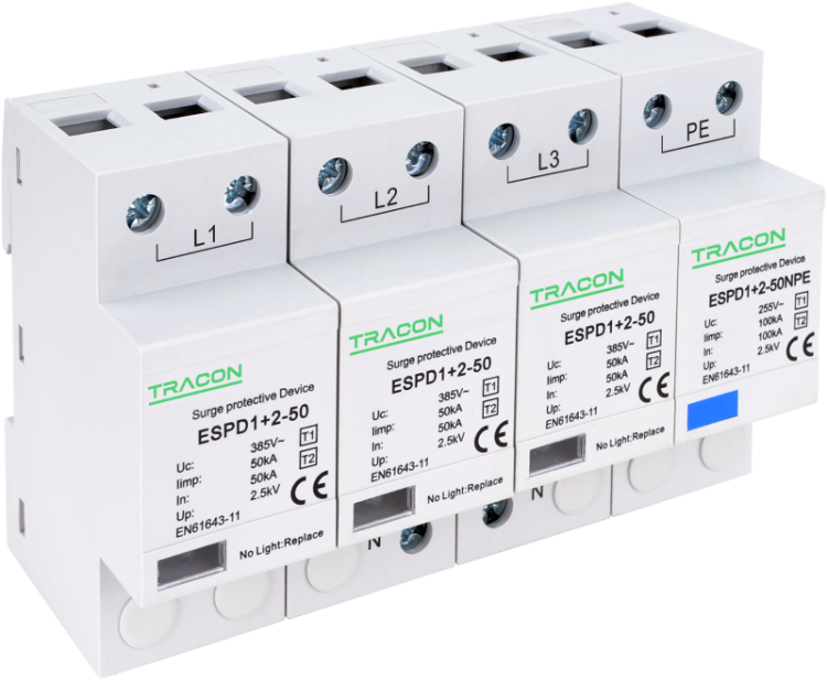 Ogranicznik przepięć T1+T2, AC, jednolita obudowa Uc:385V; Iimp:50/100kA; In:50/100kA; Up:2,5kV; 3+1P ESPD1+2-50-3+1P Tracon Electric