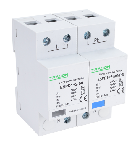Ogranicznik przepięć T1+T2, AC, jednolita obudowa Uc:385V; Iimp:50/100kA; In:50/100kA; Up:2,5kV; 1+1P ESPD1+2-50-1+1P Tracon Electric