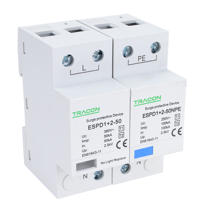 Ogranicznik przepięć T1+T2, AC, jednolita obudowa Uc:385V; Iimp:50/100kA; In:50/100kA; Up:2,5kV; 1+1P ESPD1+2-50-1+1P Tracon Electric