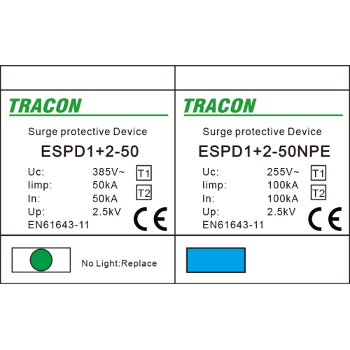 Ogranicznik przepięć T1+T2, AC, jednolita obudowa Uc:385V; Iimp:50/100kA; In:50/100kA; Up:2,5kV; 1+1P ESPD1+2-50-1+1P Tracon Electric