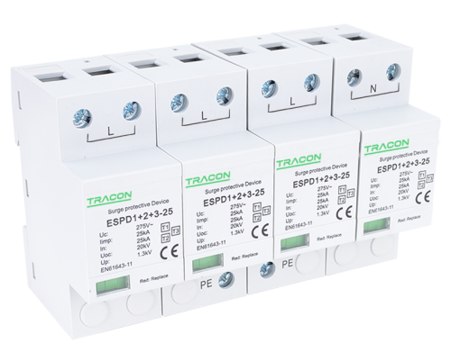 Ogranicznik przepięć T1+T2+T3, AC jednolita obudowa Uc:275V; Iimp:25kA; In:25kA; Uoc:20kV; Up:1,3kV; 4P ESPD1+2+3-25-4P Tracon Electric