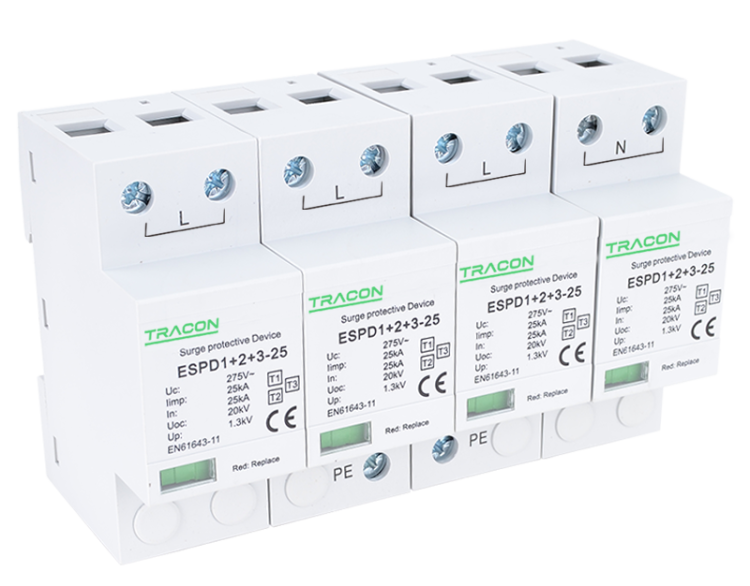 Ogranicznik przepięć T1+T2+T3, AC jednolita obudowa Uc:275V; Iimp:25kA; In:25kA; Uoc:20kV; Up:1,3kV; 4P ESPD1+2+3-25-4P Tracon Electric