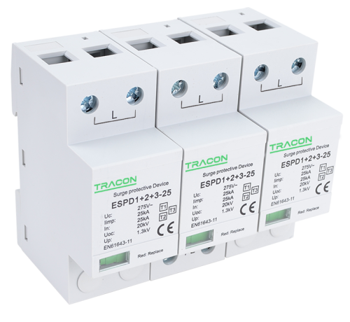 Ogranicznik przepięć T1+T2+T3, AC jednolita obudowa Uc:275V; Iimp:25kA; In:25kA; Uoc:20kV; Up:1,3kV; 3P ESPD1+2+3-25-3P Tracon Electric