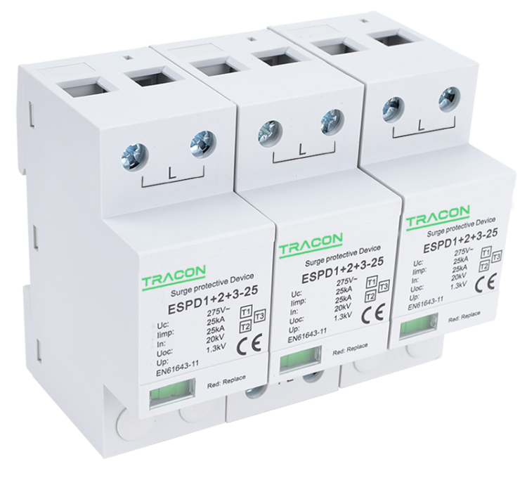 Ogranicznik przepięć T1+T2+T3, AC jednolita obudowa Uc:275V; Iimp:25kA; In:25kA; Uoc:20kV; Up:1,3kV; 3P ESPD1+2+3-25-3P Tracon Electric