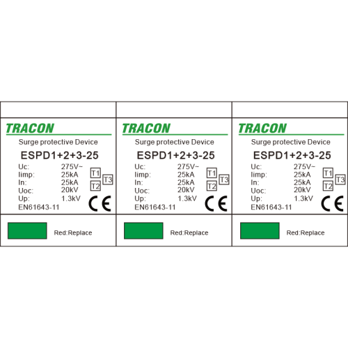 Ogranicznik przepięć T1+T2+T3, AC jednolita obudowa Uc:275V; Iimp:25kA; In:25kA; Uoc:20kV; Up:1,3kV; 3P ESPD1+2+3-25-3P Tracon Electric