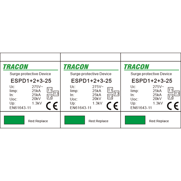 Ogranicznik przepięć T1+T2+T3, AC jednolita obudowa Uc:275V; Iimp:25kA; In:25kA; Uoc:20kV; Up:1,3kV; 3P ESPD1+2+3-25-3P Tracon Electric