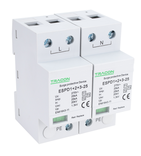 Ogranicznik przepięć T1+T2+T3, AC jednolita obudowa Uc:275V; Iimp:25kA; In:25kA; Uoc:20kV; Up:1,3kV; 2P ESPD1+2+3-25-2P Tracon Electric