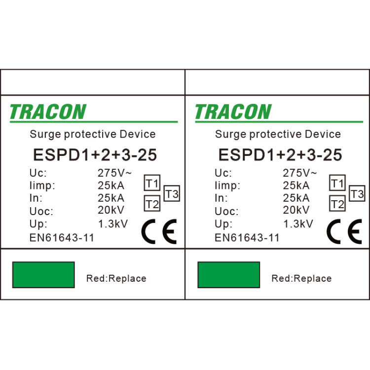 Ogranicznik przepięć T1+T2+T3, AC jednolita obudowa Uc:275V; Iimp:25kA; In:25kA; Uoc:20kV; Up:1,3kV; 2P ESPD1+2+3-25-2P Tracon Electric