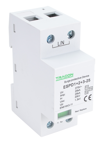 Ogranicznik przepięć T1+T2+T3, AC jednolita obudowa 2-mod. Uc:275V; Iimp:25kA; In:25kA; Uoc:20kV; Up:1,3kV; 1P ESPD1+2+3-25-1P Tracon Electric