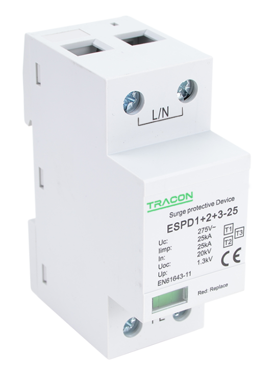 Ogranicznik przepięć T1+T2+T3, AC jednolita obudowa 2-mod. Uc:275V; Iimp:25kA; In:25kA; Uoc:20kV; Up:1,3kV; 1P ESPD1+2+3-25-1P Tracon Electric