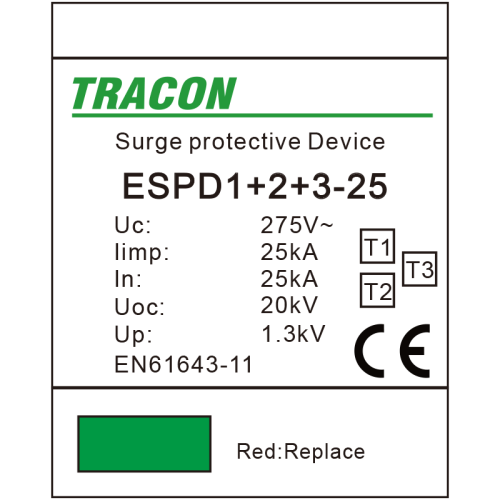 Ogranicznik przepięć T1+T2+T3, AC jednolita obudowa 2-mod. Uc:275V; Iimp:25kA; In:25kA; Uoc:20kV; Up:1,3kV; 1P ESPD1+2+3-25-1P Tracon Electric