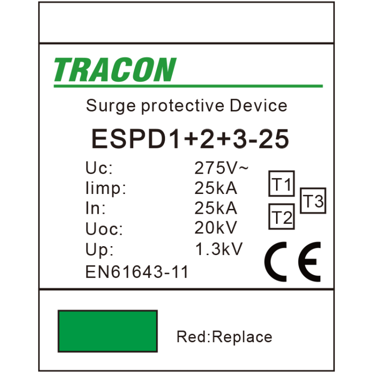 Ogranicznik przepięć T1+T2+T3, AC jednolita obudowa 2-mod. Uc:275V; Iimp:25kA; In:25kA; Uoc:20kV; Up:1,3kV; 1P ESPD1+2+3-25-1P Tracon Electric