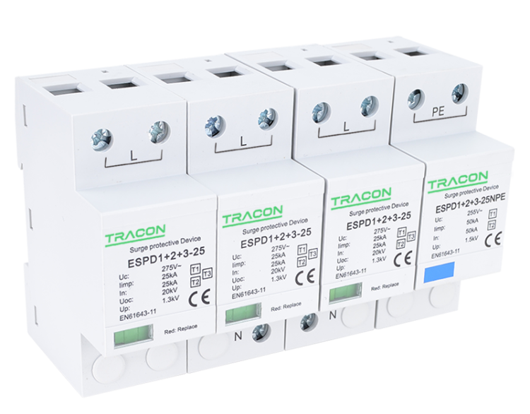Ogranicznik przepięć T1+T2+T3, AC jednolita obudowa Uc:275V; Iimp:25/100kA; In:25/100kA; Uoc:20kV; Up:1,3kV; 1+3 ESPD1+2+3-25-3+1P Tracon Electric