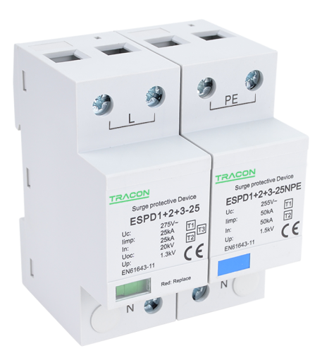 Ogranicznik przepięć T1+T2+T3, AC jednolita obudowa Uc:275V; Iimp:25/100kA; In:25/100kA; Uoc:20kV; Up:1,3kV; 1+1 ESPD1+2+3-25-1+1P Tracon Electric