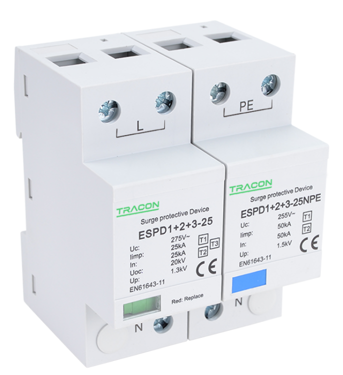 Ogranicznik przepięć T1+T2+T3, AC jednolita obudowa Uc:275V; Iimp:25/100kA; In:25/100kA; Uoc:20kV; Up:1,3kV; 1+1 ESPD1+2+3-25-1+1P Tracon Electric