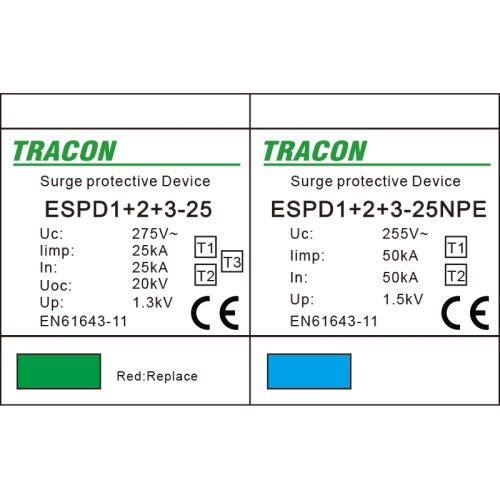Ogranicznik przepięć T1+T2+T3, AC jednolita obudowa Uc:275V; Iimp:25/100kA; In:25/100kA; Uoc:20kV; Up:1,3kV; 1+1 ESPD1+2+3-25-1+1P Tracon Electric
