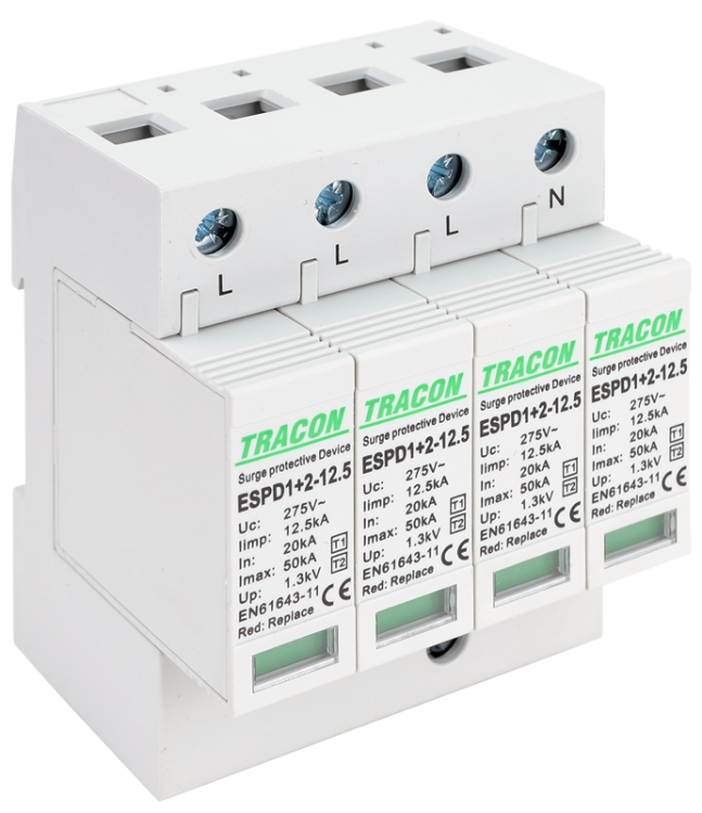 Ogranicznik przepięć T1+T2, AC, wymienne wkładki Uc:275V; Iimp:12,5kA; In:20kA; Imax:50kA; Up:1,3kV; 4P ESPD1+2-12.5-4P Tracon Electric
