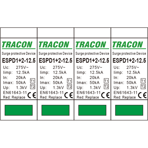 Ogranicznik przepięć T1+T2, AC, wymienne wkładki Uc:275V; Iimp:12,5kA; In:20kA; Imax:50kA; Up:1,3kV; 4P ESPD1+2-12.5-4P Tracon Electric