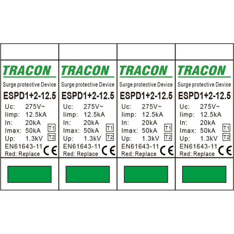 Ogranicznik przepięć T1+T2, AC, wymienne wkładki Uc:275V; Iimp:12,5kA; In:20kA; Imax:50kA; Up:1,3kV; 4P ESPD1+2-12.5-4P Tracon Electric