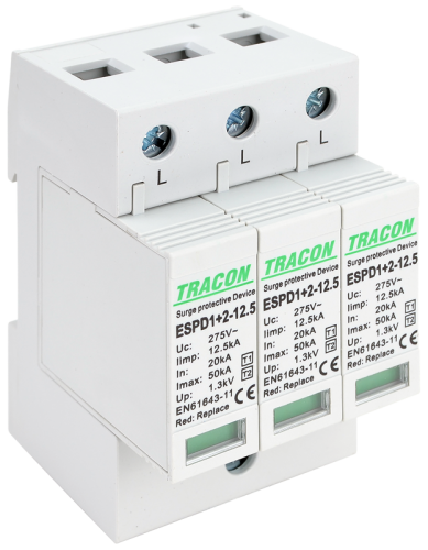 Ogranicznik przepięć T1+T2, AC, wymienne wkładki Uc:275V; Iimp:12,5kA; In:20kA; Imax:50kA; Up:1,3kV; 3P ESPD1+2-12.5-3P Tracon Electric