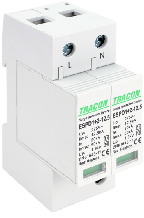 Ogranicznik przepięć T1+T2, AC, wymienne wkładki Uc:275V; Iimp:12,5kA; In:20kA; Imax:50kA; Up:1,3kV; 2P ESPD1+2-12.5-2P Tracon Electric