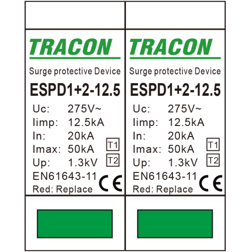 Ogranicznik przepięć T1+T2, AC, wymienne wkładki Uc:275V; Iimp:12,5kA; In:20kA; Imax:50kA; Up:1,3kV; 2P ESPD1+2-12.5-2P Tracon Electric