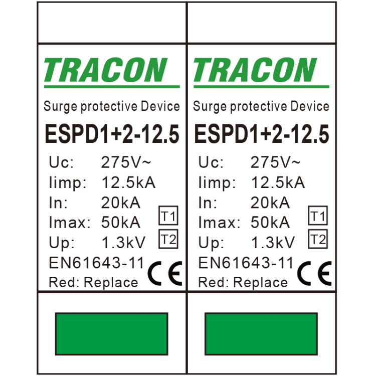 Ogranicznik przepięć T1+T2, AC, wymienne wkładki Uc:275V; Iimp:12,5kA; In:20kA; Imax:50kA; Up:1,3kV; 2P ESPD1+2-12.5-2P Tracon Electric