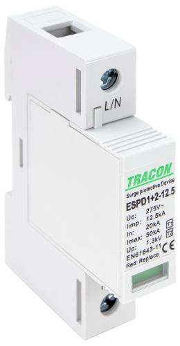 Ogranicznik przepięć T1+T2, AC, wymienne wkładki Uc:275V; Iimp:12,5kA; In:20kA; Imax:50kA; Up:1,3kV; 1P ESPD1+2-12.5-1P Tracon Electric