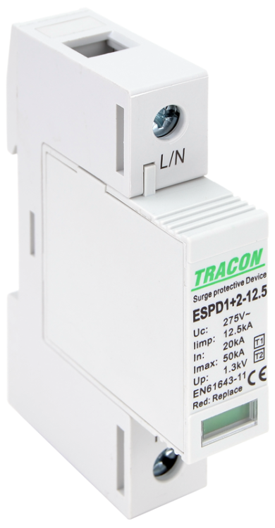 Ogranicznik przepięć T1+T2, AC, wymienne wkładki Uc:275V; Iimp:12,5kA; In:20kA; Imax:50kA; Up:1,3kV; 1P ESPD1+2-12.5-1P Tracon Electric