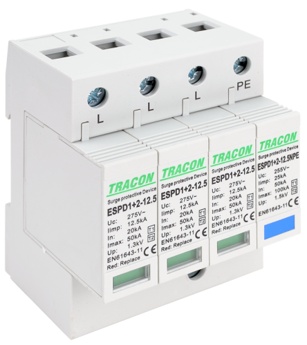 Ogranicznik przepięć T1+T2, AC, wymienne wkładki Uc:275V; Iimp:12,5kA; In:20/40kA; Imax:50kA; Up:1,3kV; 3+1P ESPD1+2-12.5-3+1P Tracon Electric