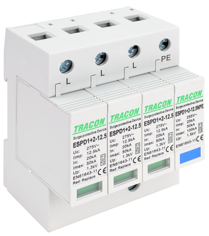 Ogranicznik przepięć T1+T2, AC, wymienne wkładki Uc:275V; Iimp:12,5kA; In:20/40kA; Imax:50kA; Up:1,3kV; 3+1P ESPD1+2-12.5-3+1P Tracon Electric