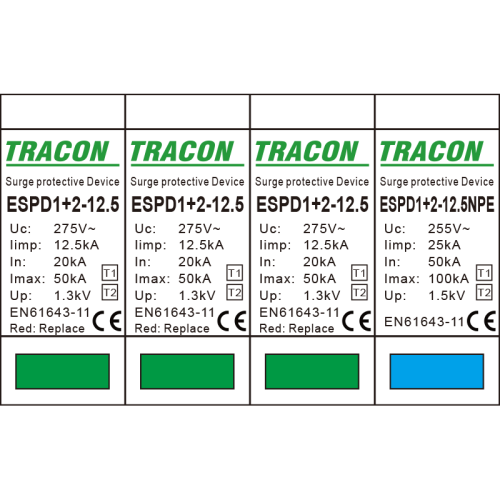 Ogranicznik przepięć T1+T2, AC, wymienne wkładki Uc:275V; Iimp:12,5kA; In:20/40kA; Imax:50kA; Up:1,3kV; 3+1P ESPD1+2-12.5-3+1P Tracon Electric