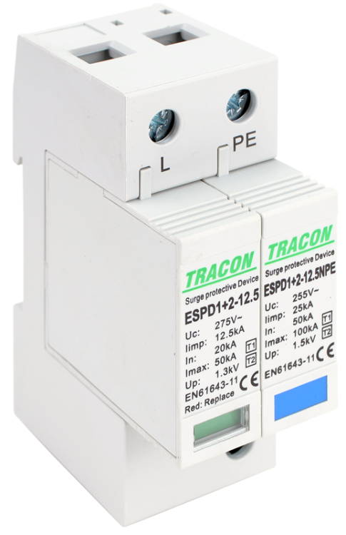 Ogranicznik przepięć T1+T2, AC, wymienne wkładki Uc:275V; Iimp:12,5kA; In:20/40kA; Imax:50kA; Up:1,3kV; 1+1P ESPD1+2-12.5-1+1P Tracon Electric