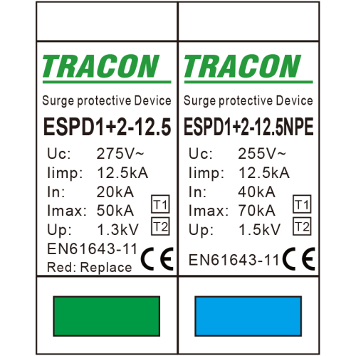 Ogranicznik przepięć T1+T2, AC, wymienne wkładki Uc:275V; Iimp:12,5kA; In:20/40kA; Imax:50kA; Up:1,3kV; 1+1P ESPD1+2-12.5-1+1P Tracon Electric