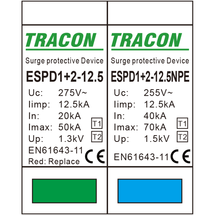 Ogranicznik przepięć T1+T2, AC, wymienne wkładki Uc:275V; Iimp:12,5kA; In:20/40kA; Imax:50kA; Up:1,3kV; 1+1P ESPD1+2-12.5-1+1P Tracon Electric