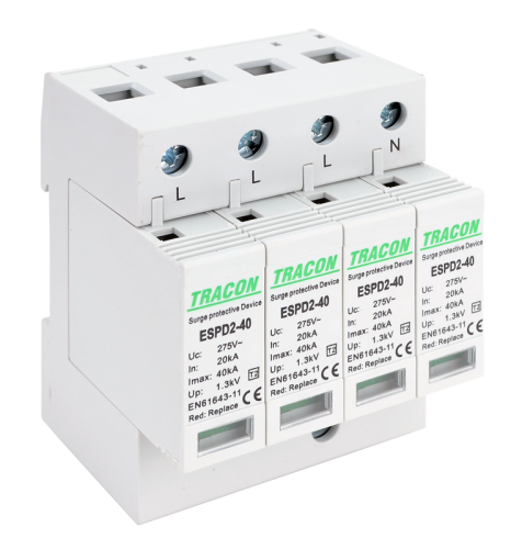 Ogranicznik przepięć T2, AC, wymienne wkładki Uc:275V; In:20kA; Imax:40kA; Up:1,3kV; 4P ESPD2-40-4P Tracon Electric