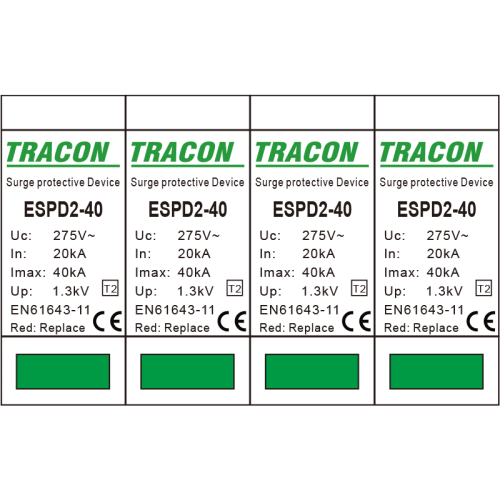 Ogranicznik przepięć T2, AC, wymienne wkładki Uc:275V; In:20kA; Imax:40kA; Up:1,3kV; 4P ESPD2-40-4P Tracon Electric
