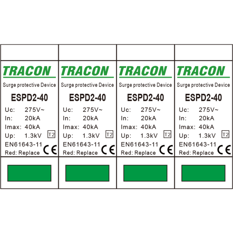 Ogranicznik przepięć T2, AC, wymienne wkładki Uc:275V; In:20kA; Imax:40kA; Up:1,3kV; 4P ESPD2-40-4P Tracon Electric