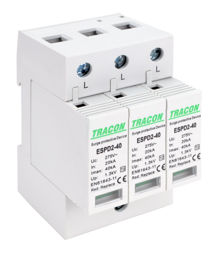 Ogranicznik przepięć T2, AC, wymienne wkładki Uc:275V; In:20kA; Imax:40kA; Up:1,3kV; 3P ESPD2-40-3P Tracon Electric